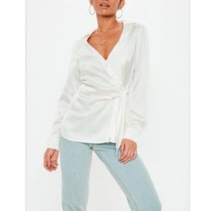 White Wrap Tie Blouse